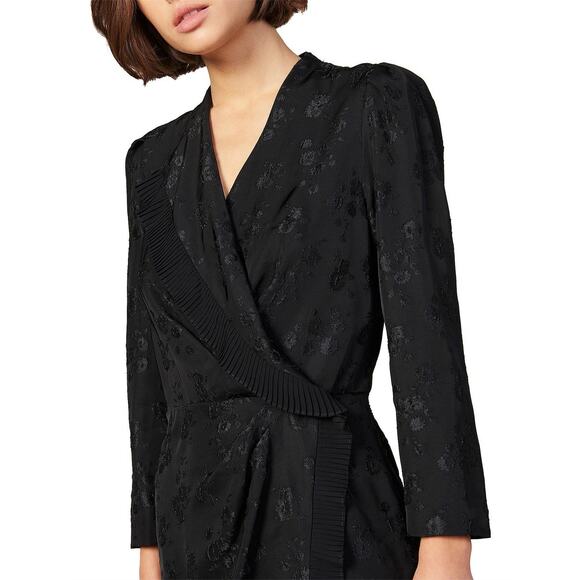 Sandro Wells Dress Black Jacquard Size 8 Long Sleeve Wrap Pleated Chic French - Picture 4 of 16